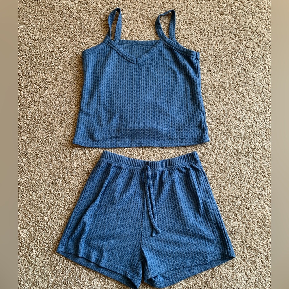 Blue Ribbed Knit Tank & Shorts Pajama Set